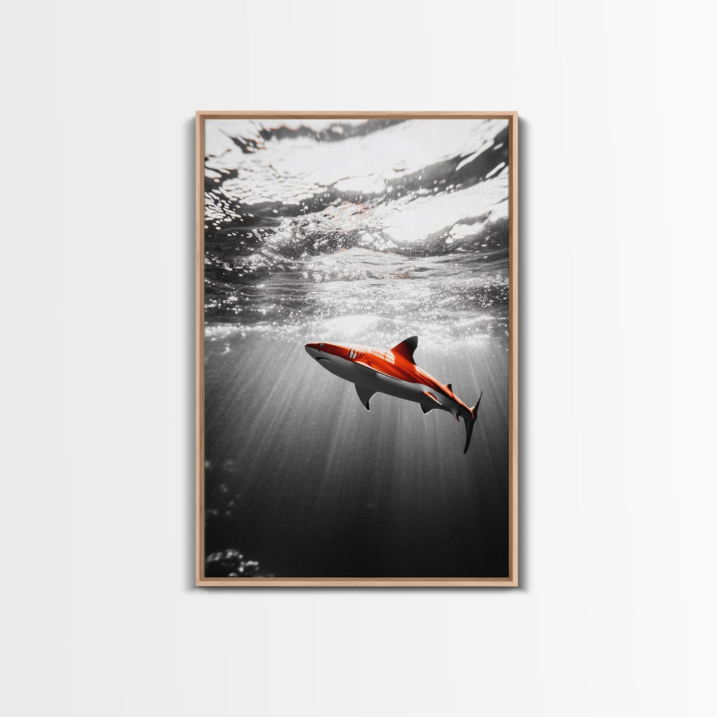 Red Shark, Underwater Scene, Ocean Light Rays, Color Contrast, Canvas Print