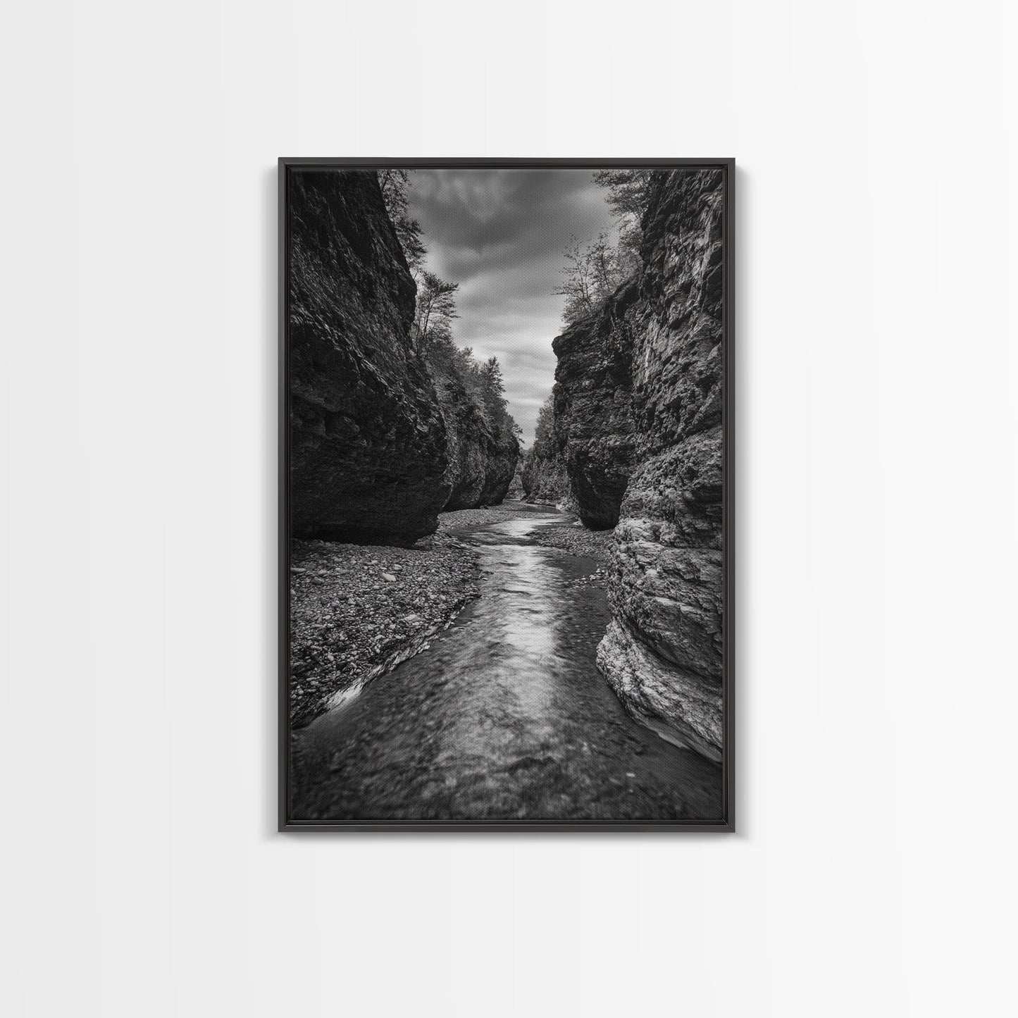 Canyon River, Rugged Path, Rock Walls, Adventure Nature, Framed Canvas Print