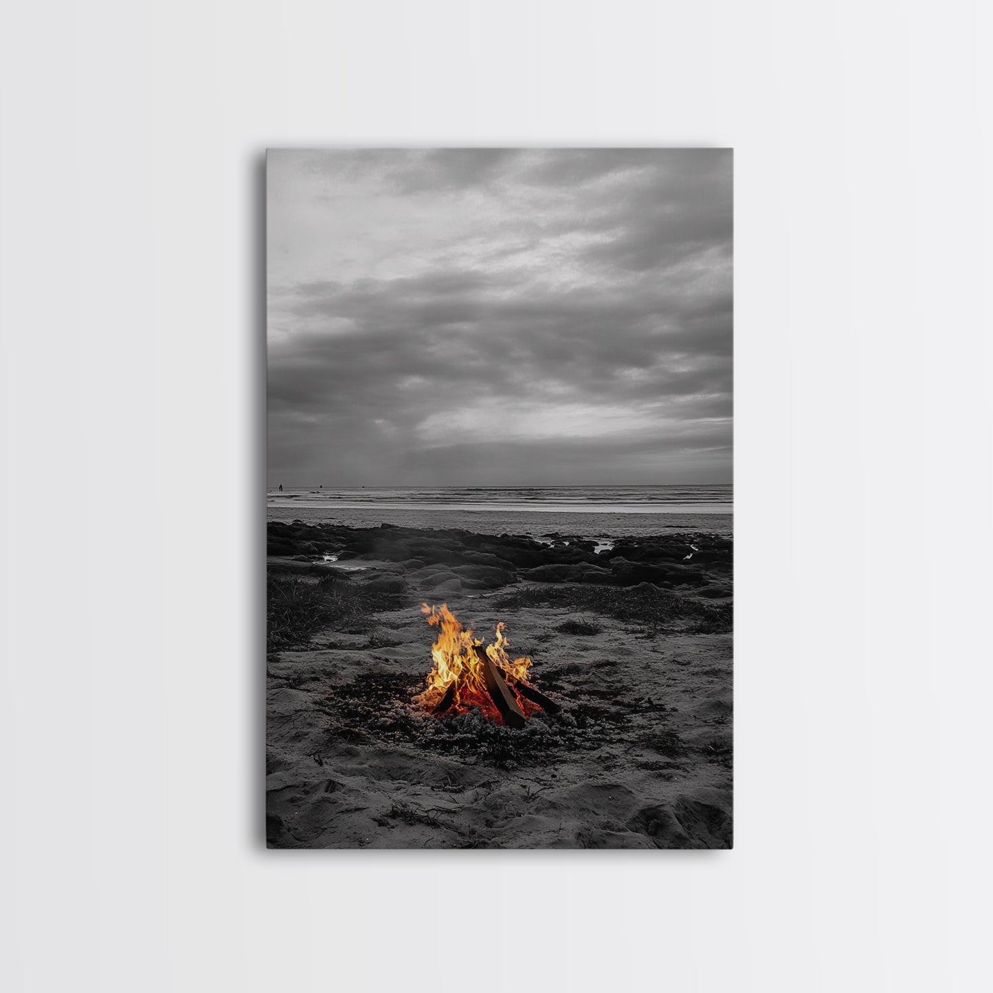 Beach bonfire, coastal art, ocean sunset, nautical decor, seascape painting, cozy fire