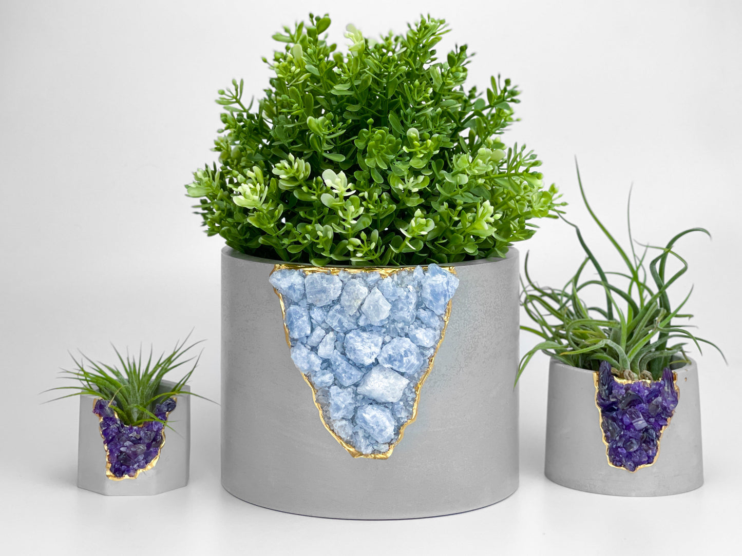 Raw Blue Calcite Crystal Planter – Handmade 6" Concrete Geode Pot with Gold Accents & Drainage Hole