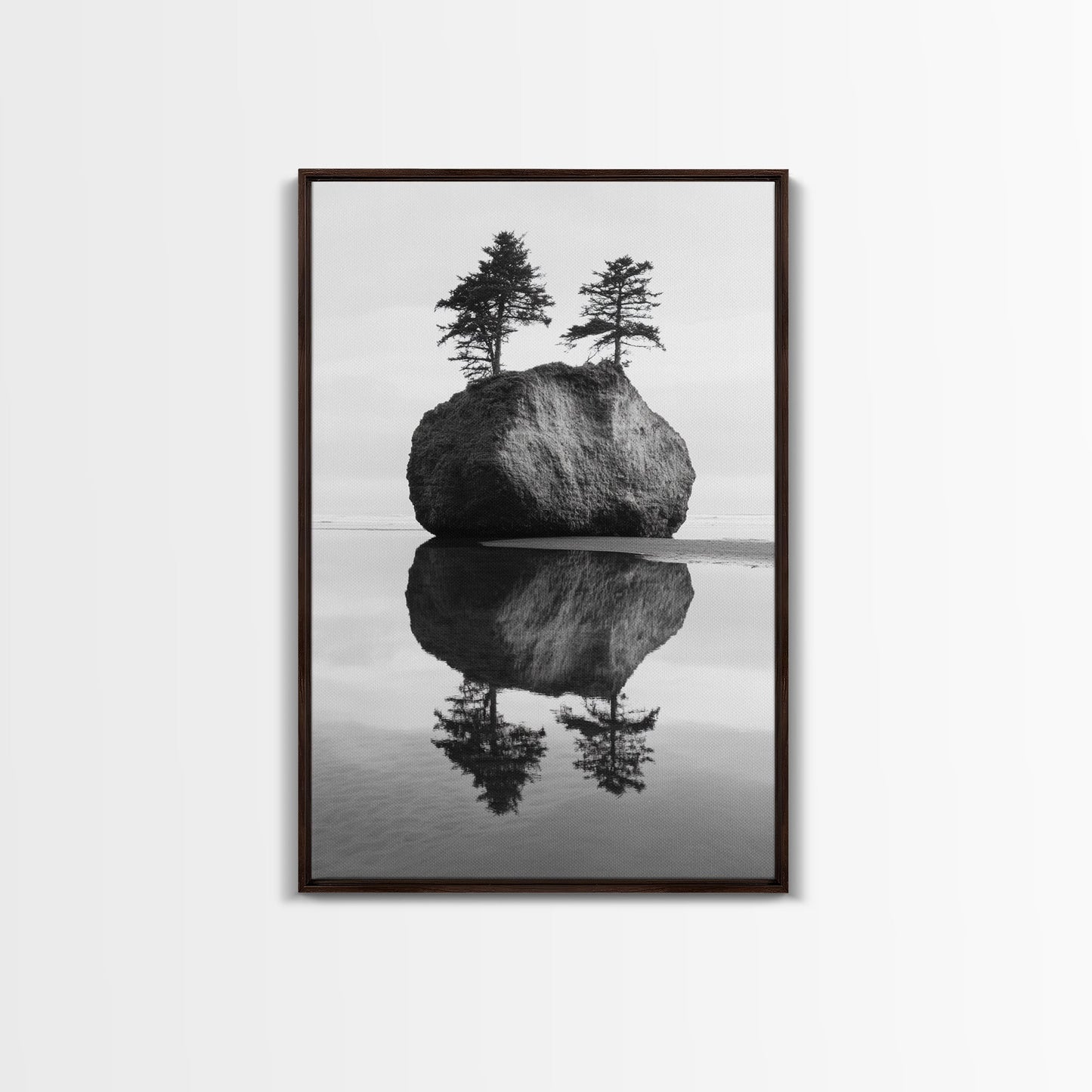 Island Reflection, Twin Trees, Still Water, Minimal Seascape, Zen Decor, Black and White Art