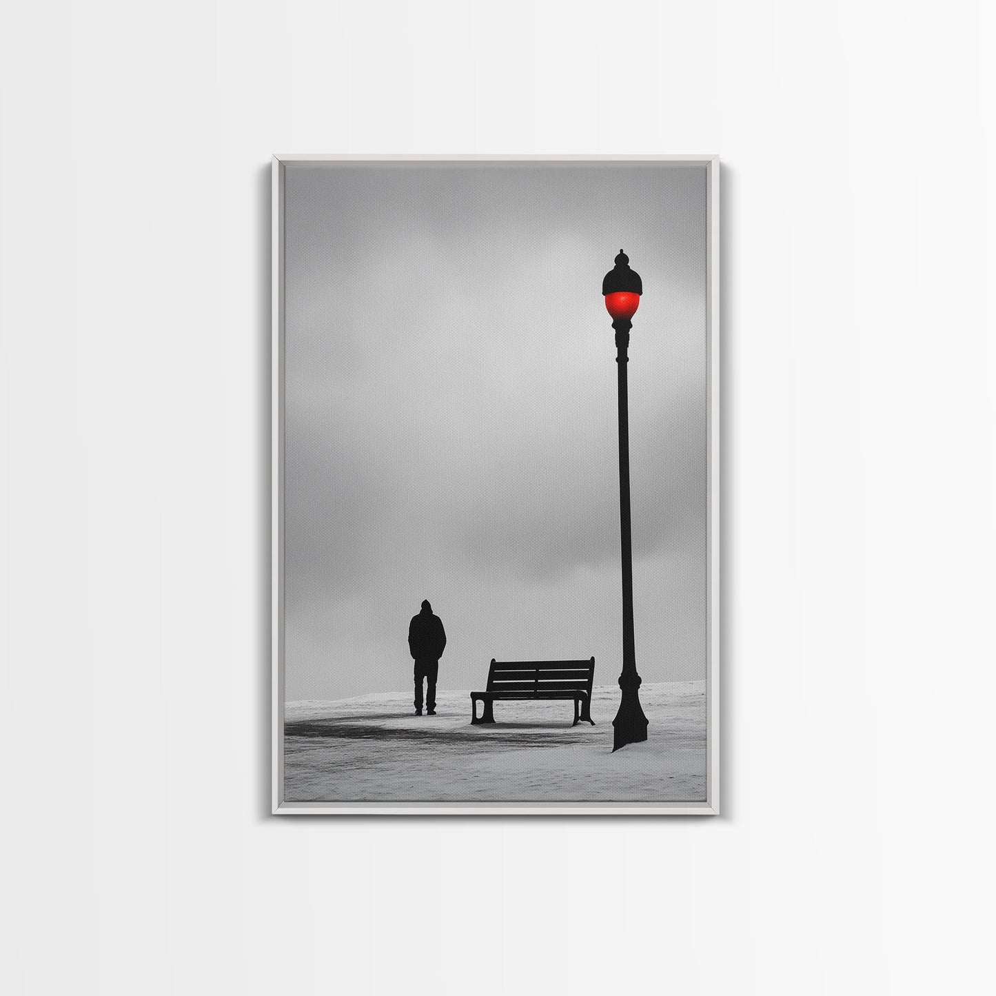 Red Street Lamp, Snowy Walkway, Silhouette Scene, Framed Canvas Print, Moody Wall Art