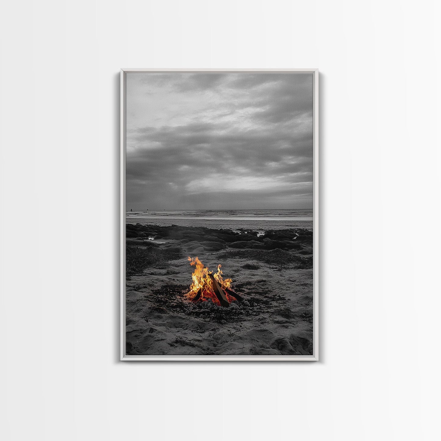 Beach bonfire, coastal art, ocean sunset, nautical decor, seascape painting, cozy fire