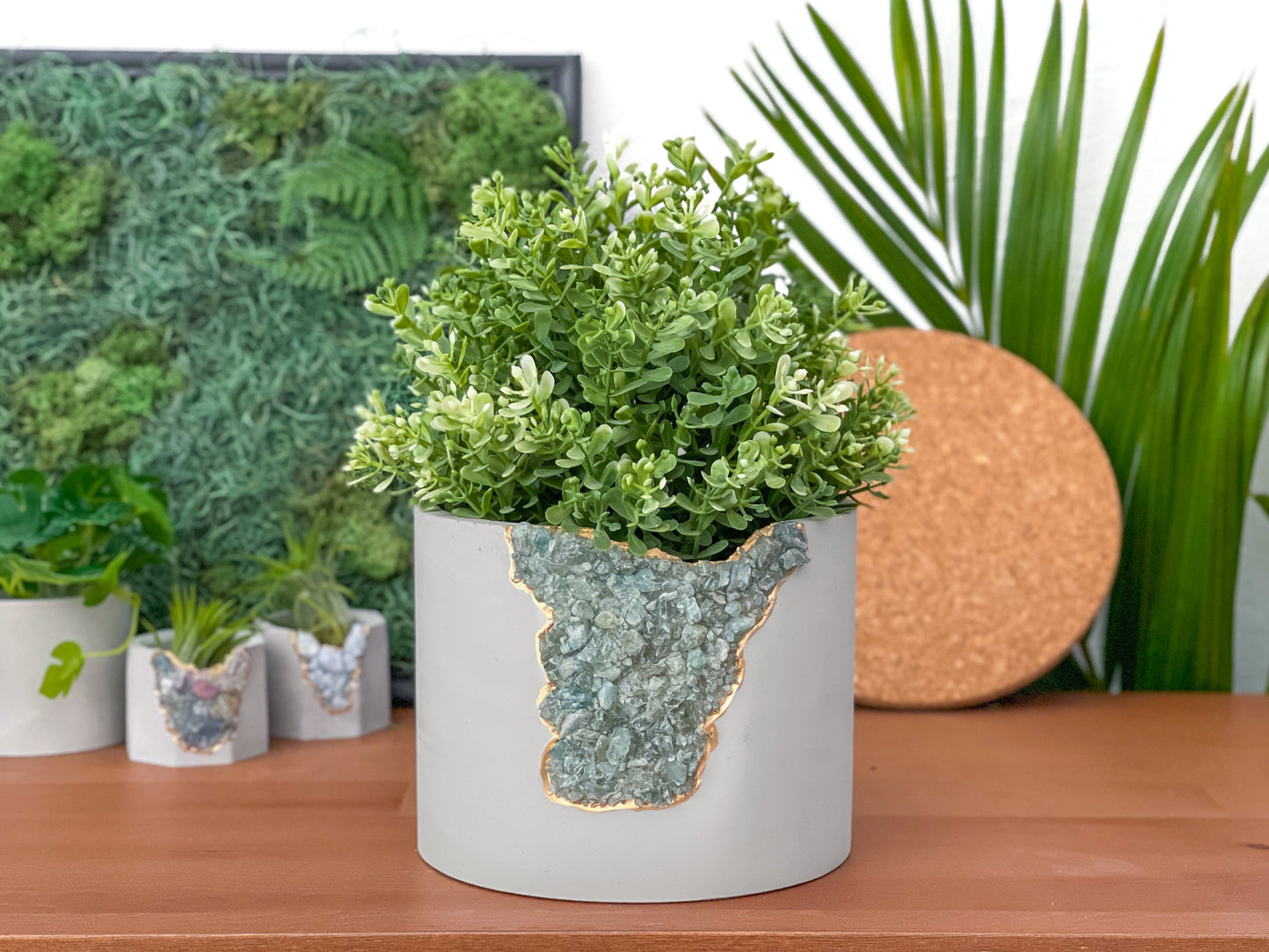 Handmade 6” Green Apatite Crystal & Concrete Geode Planter