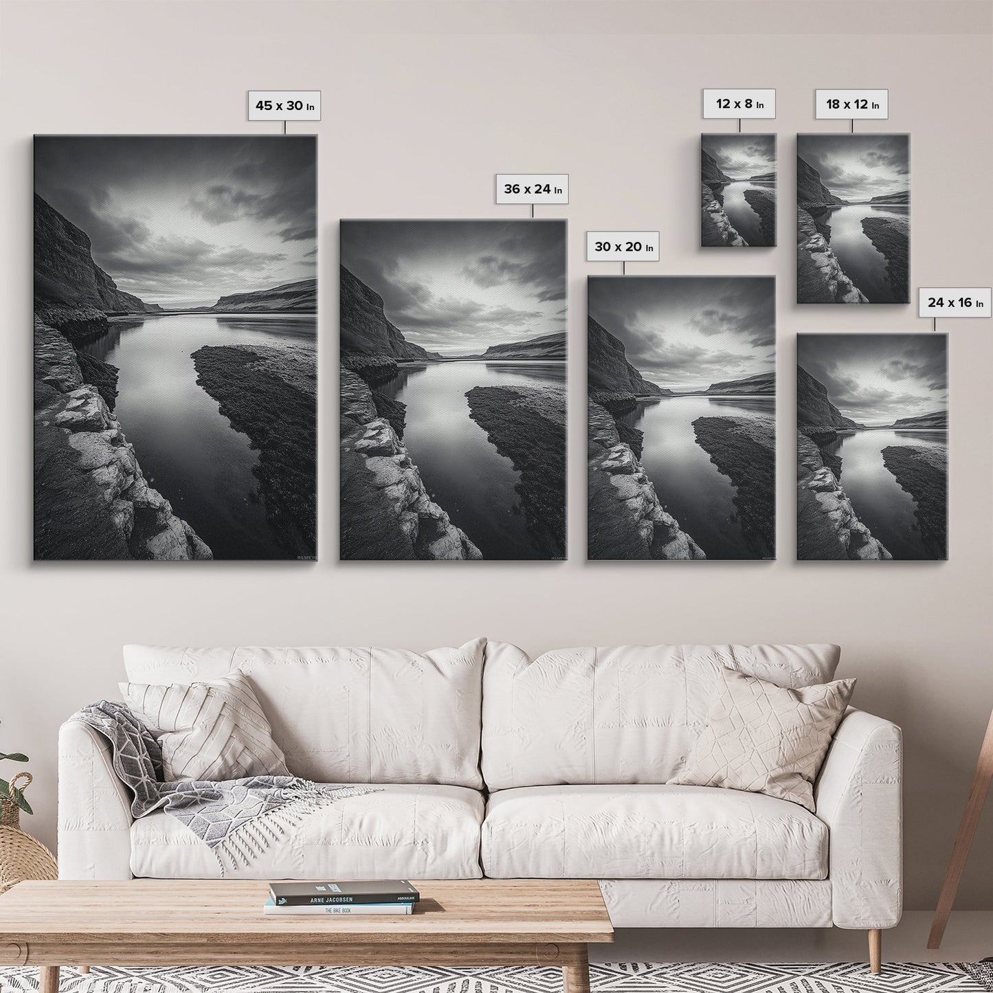 River Gorge, Twilight Reflections, Cliffside Calm, Canvas Print, Moody Black White Wall Art