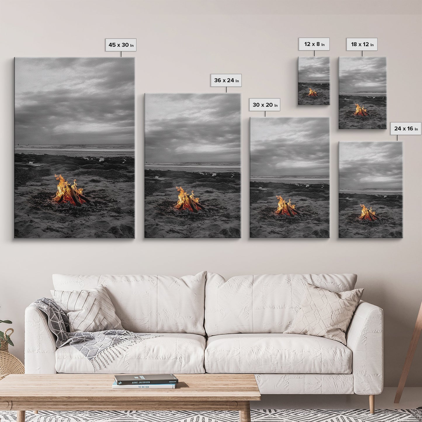 Beach bonfire, coastal art, ocean sunset, nautical decor, seascape painting, cozy fire