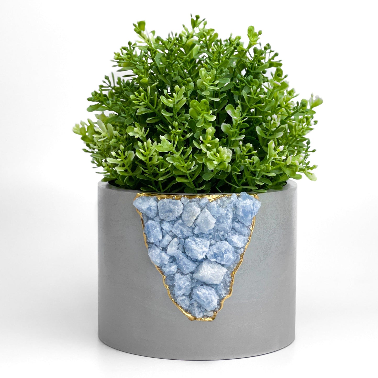 Raw Blue Calcite Crystal Planter – Handmade 6" Concrete Geode Pot with Gold Accents & Drainage Hole