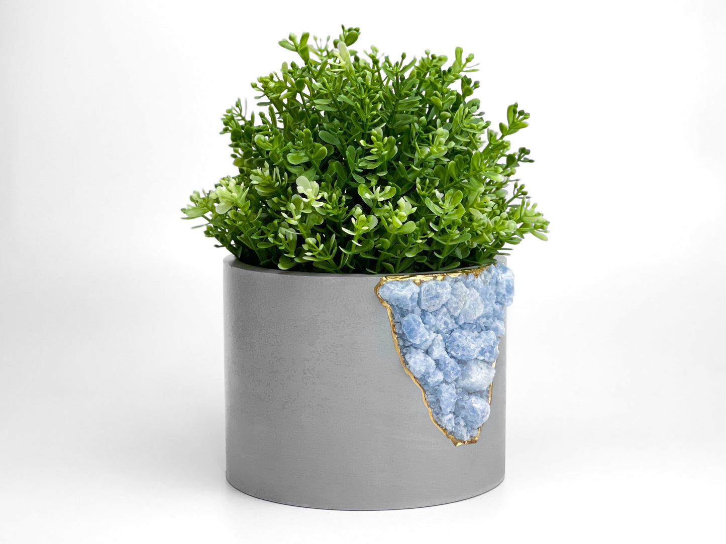 Raw Blue Calcite Crystal Planter – Handmade 6" Concrete Geode Pot with Gold Accents & Drainage Hole