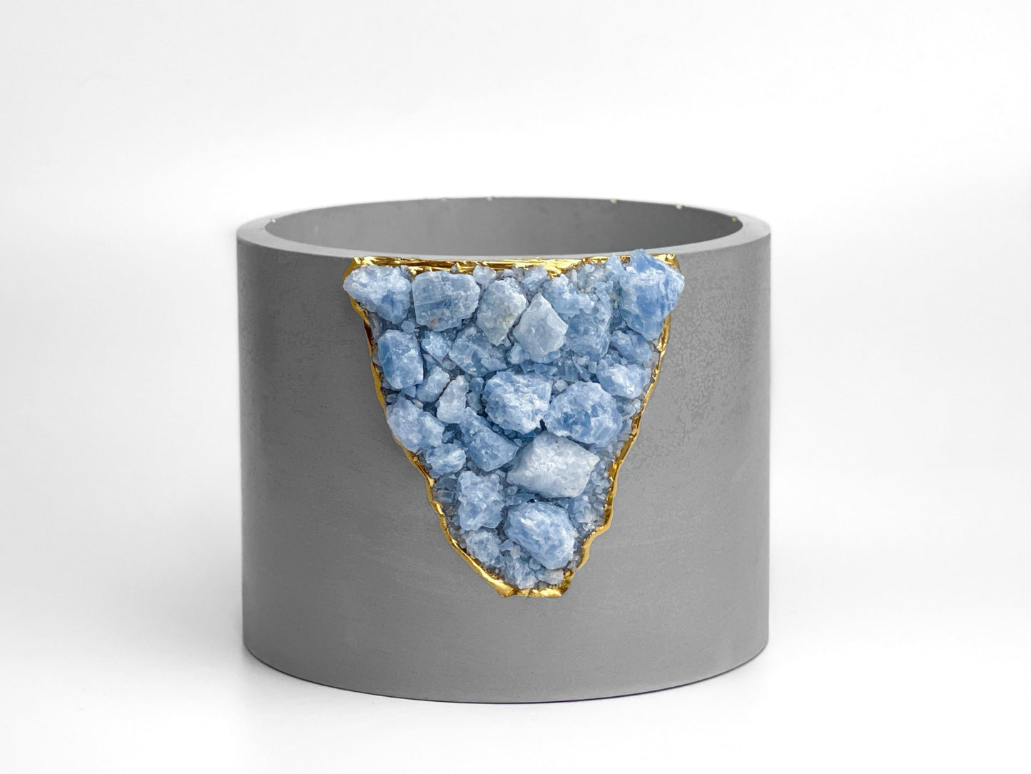 Raw Blue Calcite Crystal Planter – Handmade 6" Concrete Geode Pot with Gold Accents & Drainage Hole