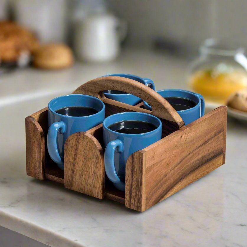 Solid Acacia Wood Coffee Mug Caddy – 4-Slot Mug Holder with Handle