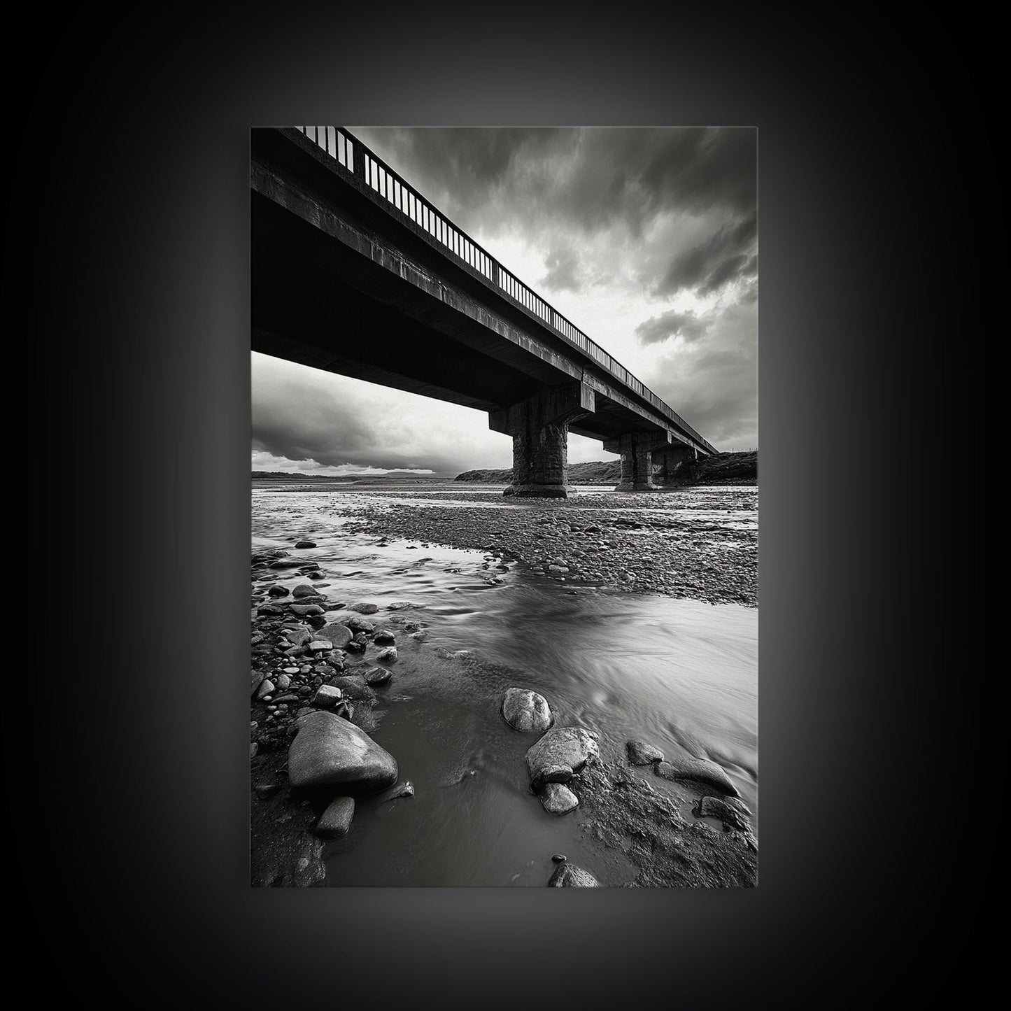 Stormy Bridge, River Rocks, Dramatic Sky, Moody Photography, Office Wall Art