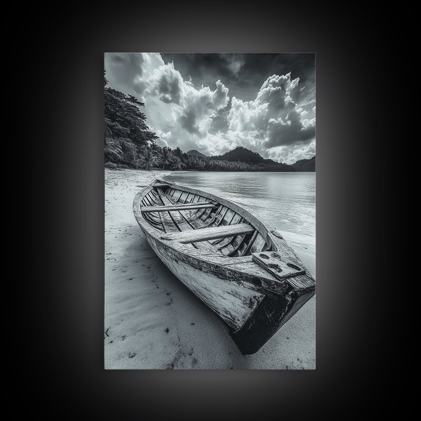 Abandoned Rowboat, Tropical Coastline, Vintage Travel Vibes, Black and White Canvas Print, Beach House or Coastal Living Wall Art