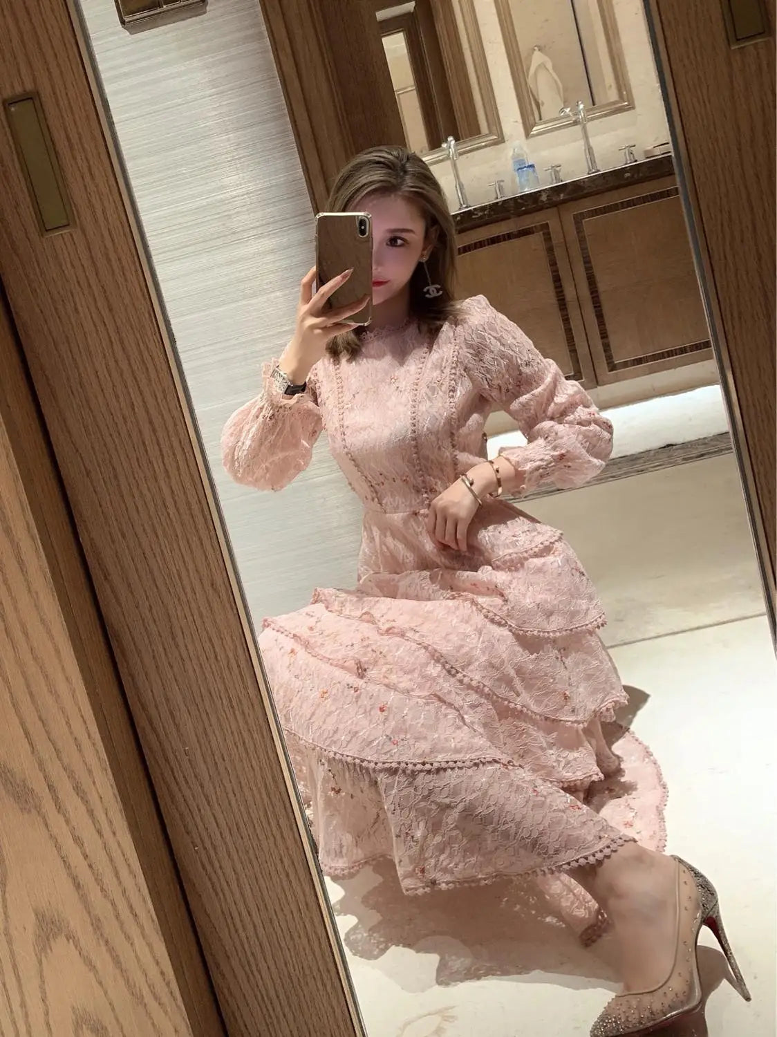 Vintage Lace Embroidery Sweet Ruffles Dress - Elegant Midi Long Party Dress