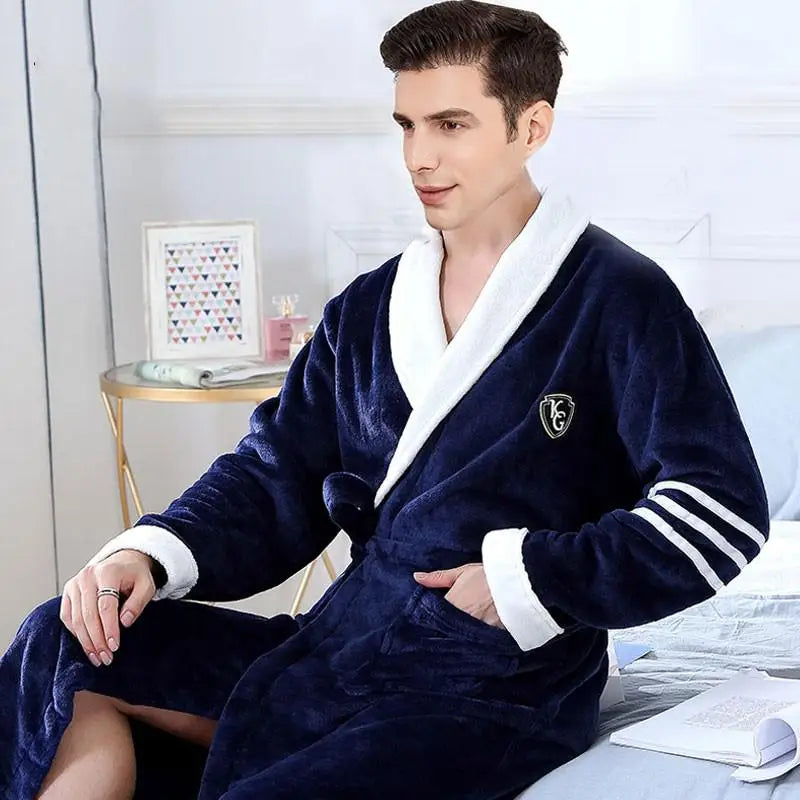 Autumn Winter Warm Male Sleepwear Big Size Flannel Men Robe Nightwear Thick Long Bathrobe Nightgown Loungewear Casual Home Wear