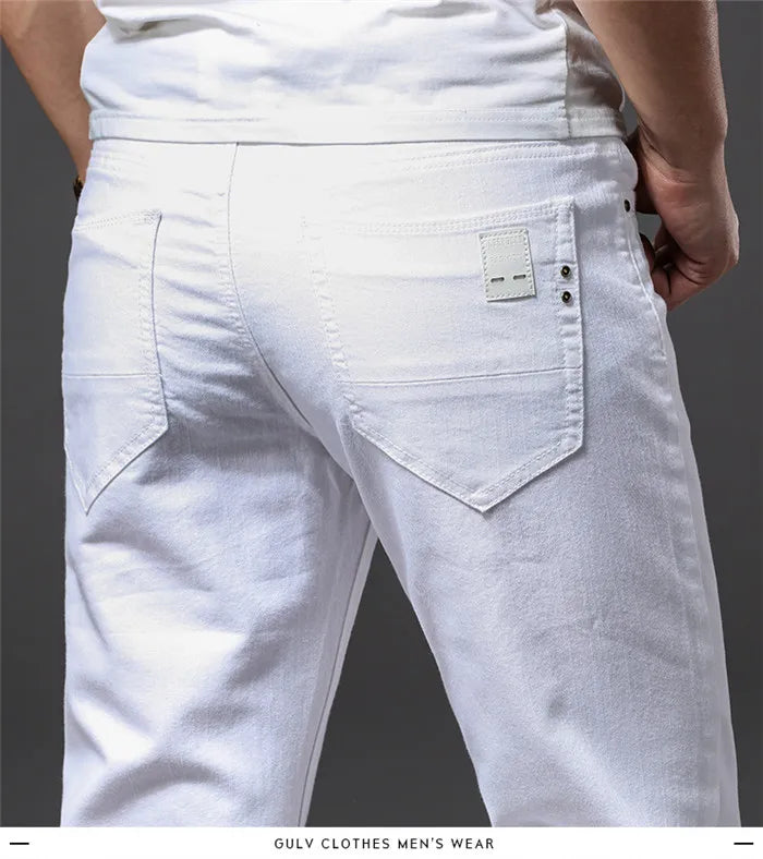 Men's Elastic Slim White Jeans - Korean Fashion Slim Fit Denim Trousers