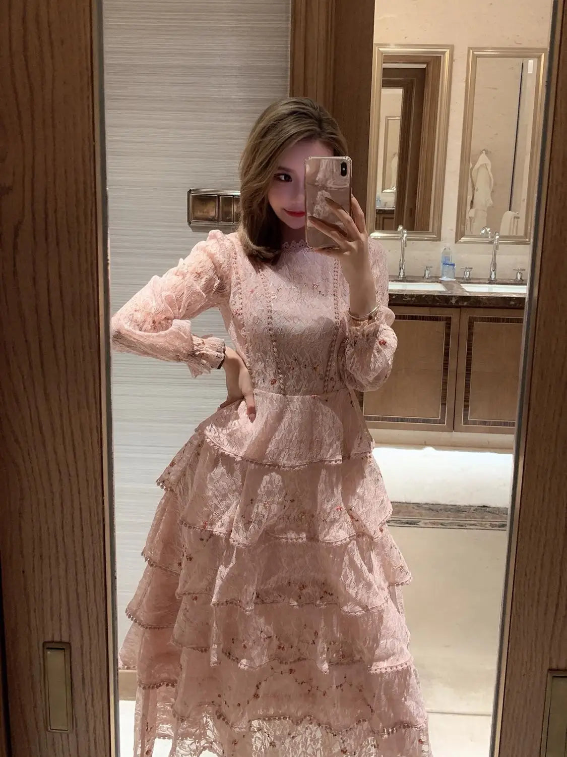 Vintage Lace Embroidery Sweet Ruffles Dress - Elegant Midi Long Party Dress
