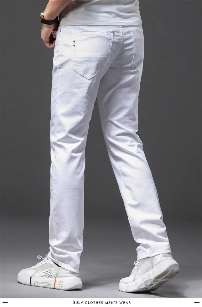 Men's Elastic Slim White Jeans - Korean Fashion Slim Fit Denim Trousers