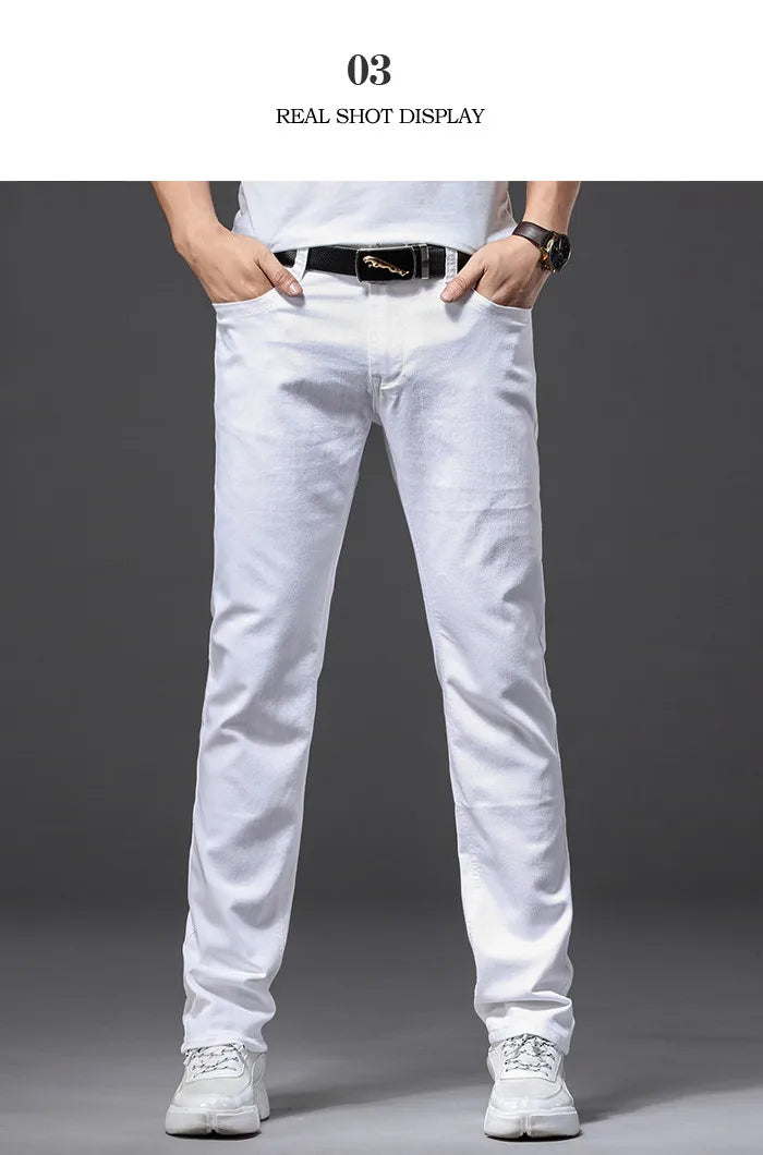 Men's Elastic Slim White Jeans - Korean Fashion Slim Fit Denim Trousers