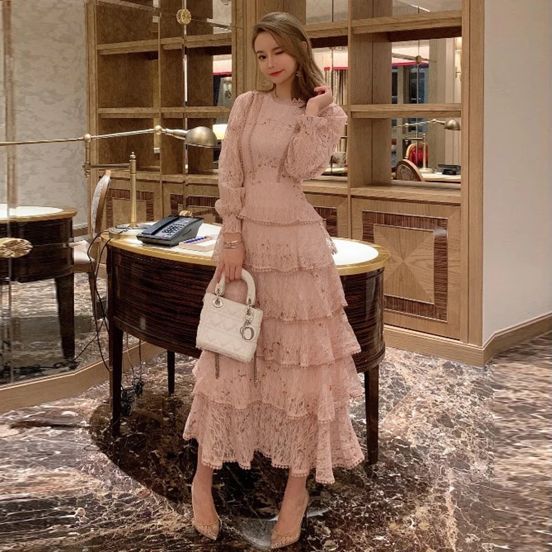 Vintage Lace Embroidery Sweet Ruffles Dress - Elegant Midi Long Party Dress