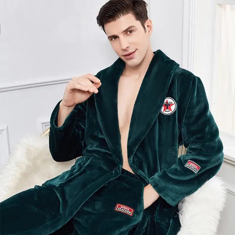 Autumn Winter Warm Male Sleepwear Big Size Flannel Men Robe Nightwear Thick Long Bathrobe Nightgown Loungewear Casual Home Wear