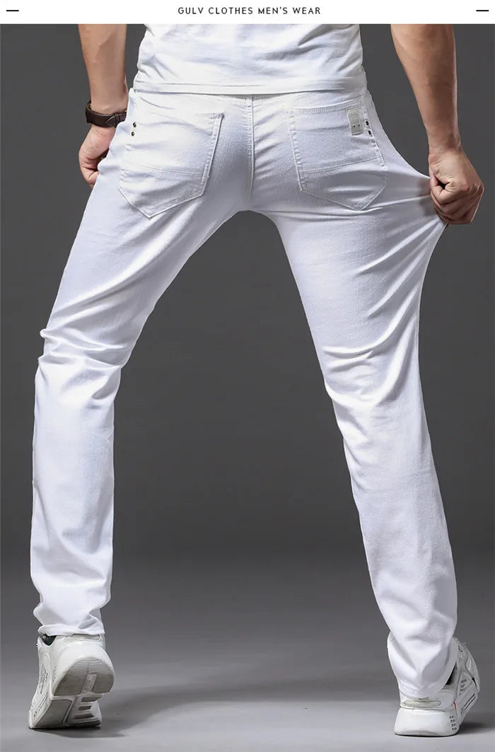 Men's Elastic Slim White Jeans - Korean Fashion Slim Fit Denim Trousers