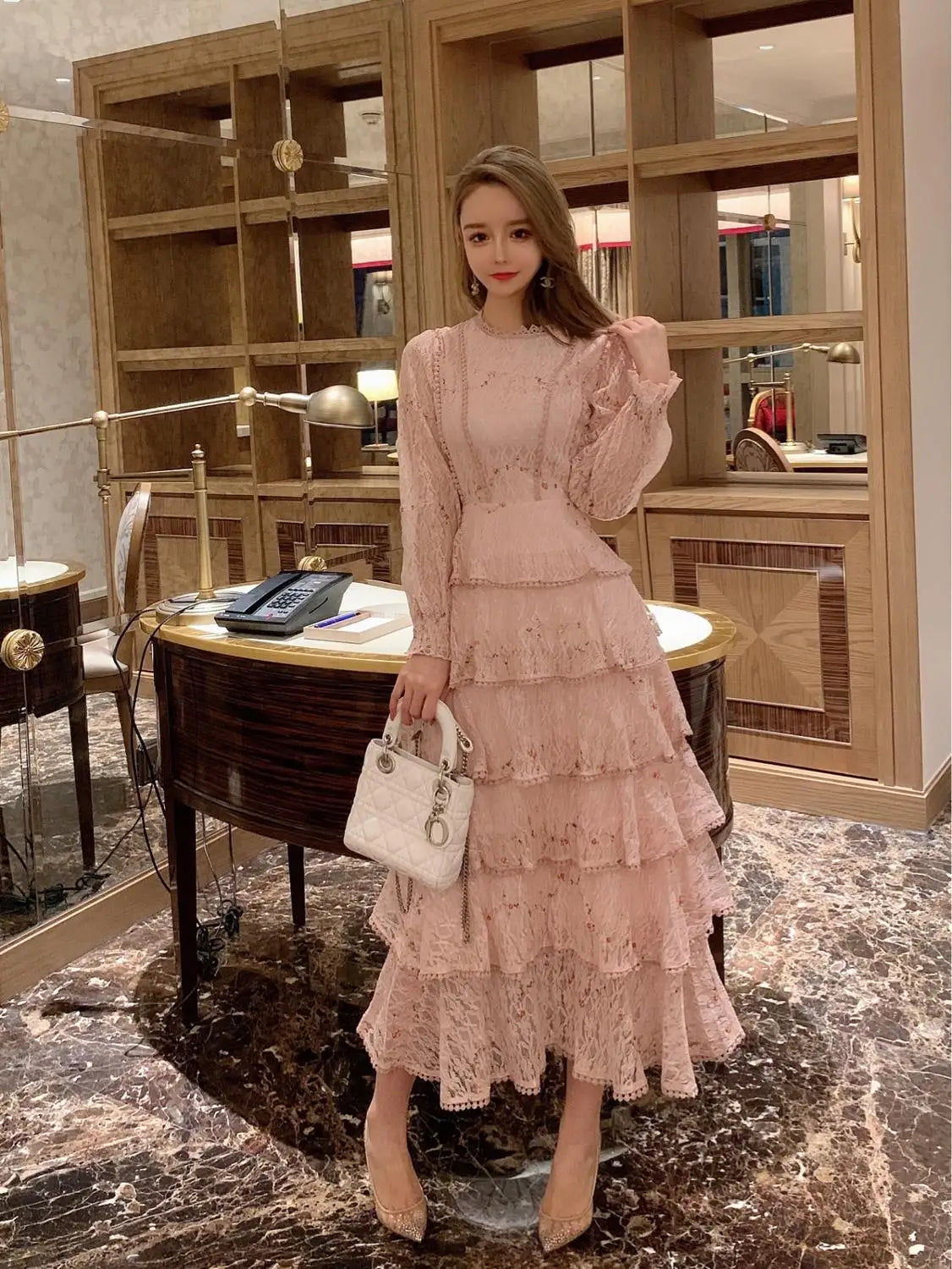 Vintage Lace Embroidery Sweet Ruffles Dress - Elegant Midi Long Party Dress