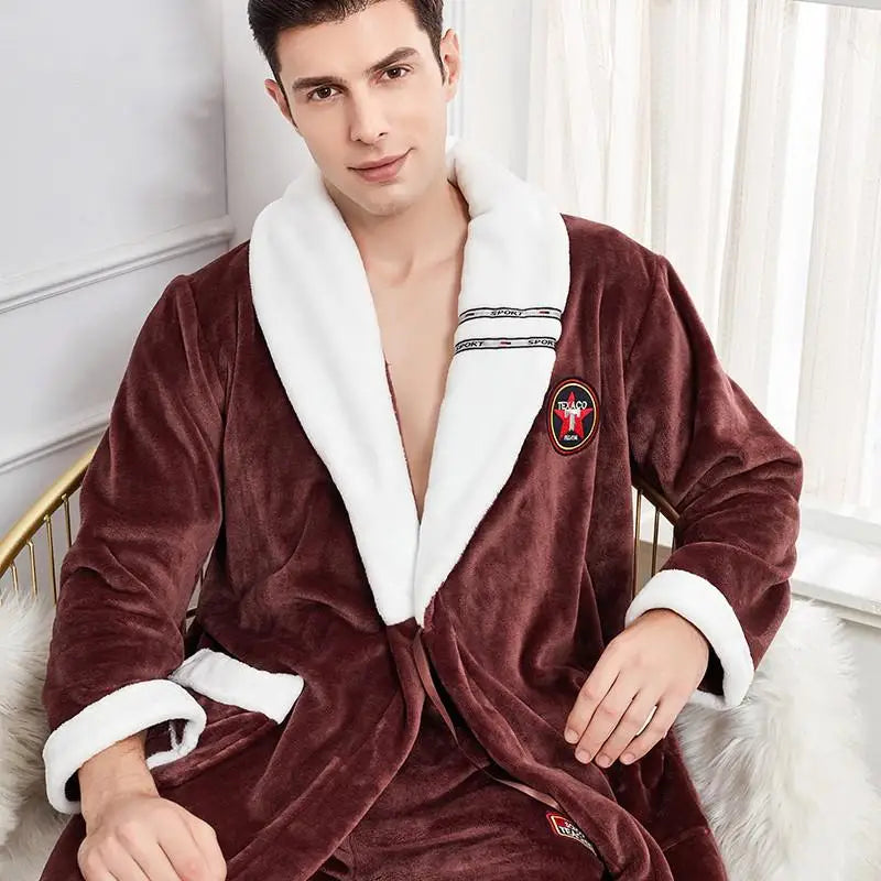 Autumn Winter Warm Male Sleepwear Big Size Flannel Men Robe Nightwear Thick Long Bathrobe Nightgown Loungewear Casual Home Wear