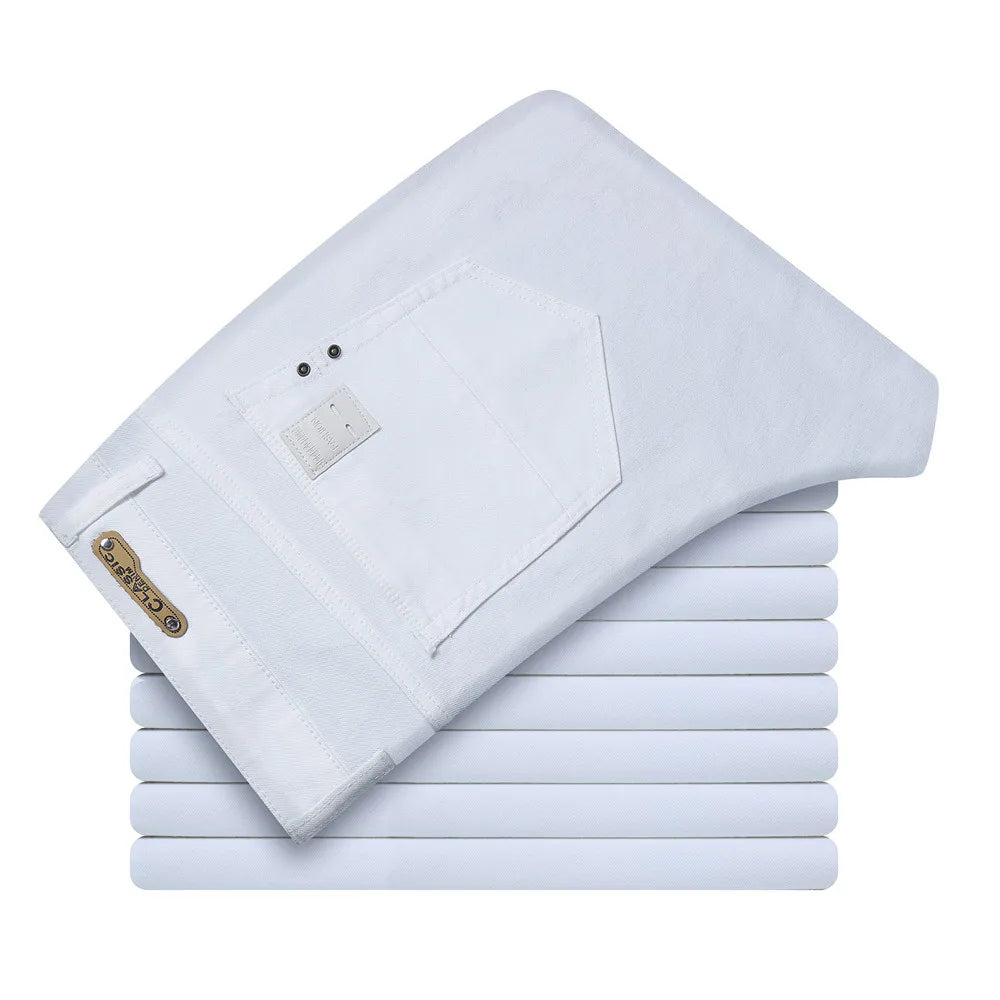 Men's Elastic Slim White Jeans - Korean Fashion Slim Fit Denim Trousers