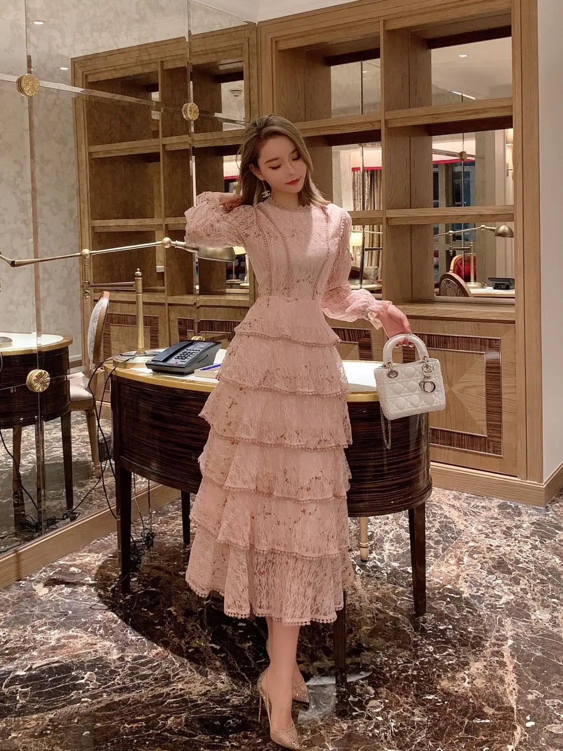 Vintage Lace Embroidery Sweet Ruffles Dress - Elegant Midi Long Party Dress
