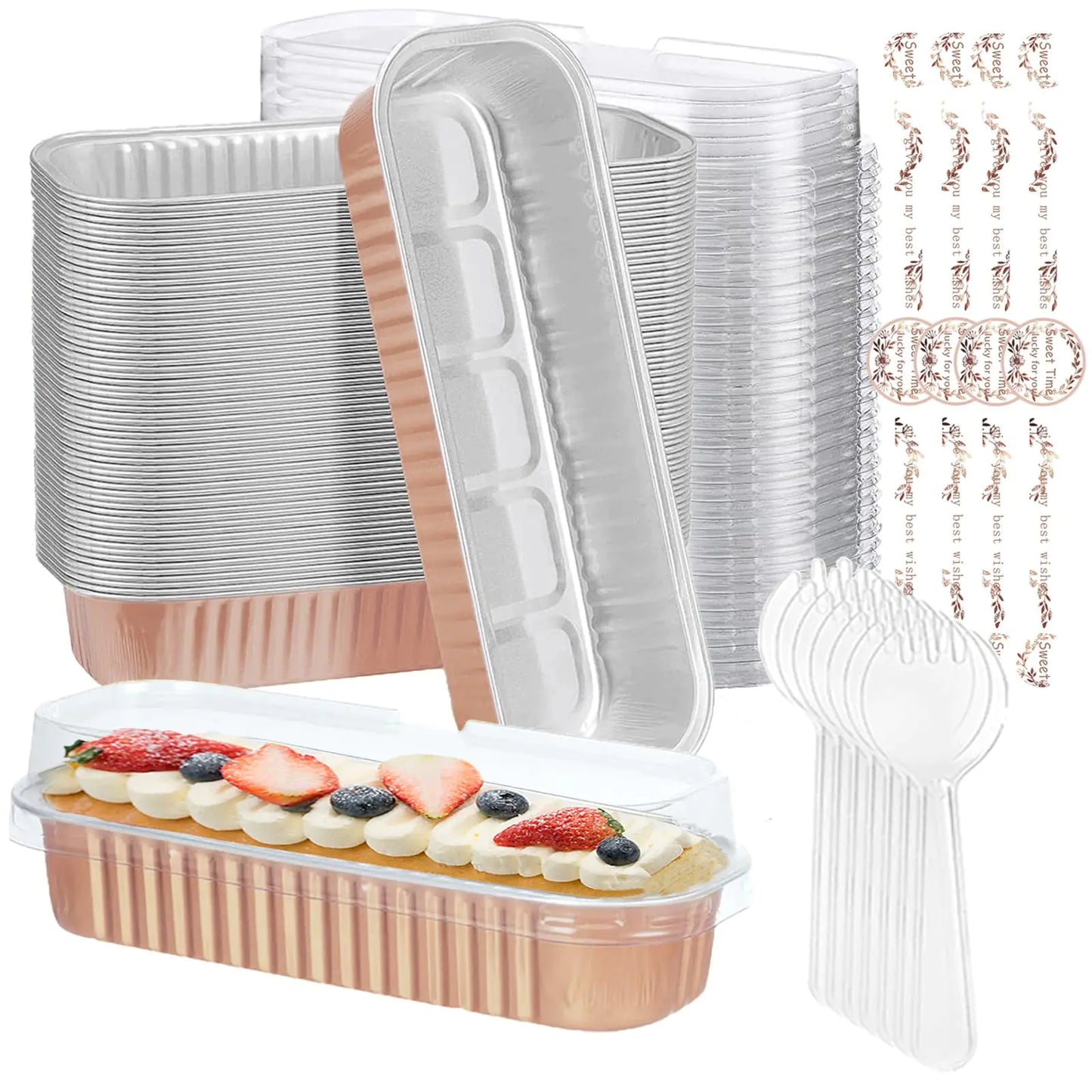chilsoby 100 Pack Mini Cake Pans with Lids and Spoons6.8oz Mini Loaf Pans with Lids Mini Cake Tins Rectangular Aluminum Foil Baking Pans with Sealing Sticker Mini Cheesecake Containers