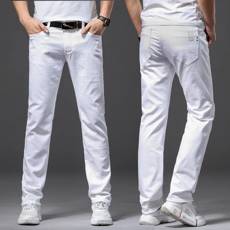 Men's Elastic Slim White Jeans - Korean Fashion Slim Fit Denim Trousers