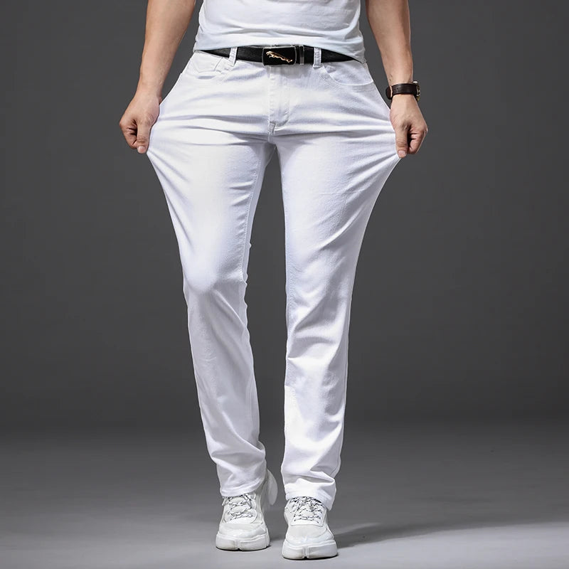 Men's Elastic Slim White Jeans - Korean Fashion Slim Fit Denim Trousers