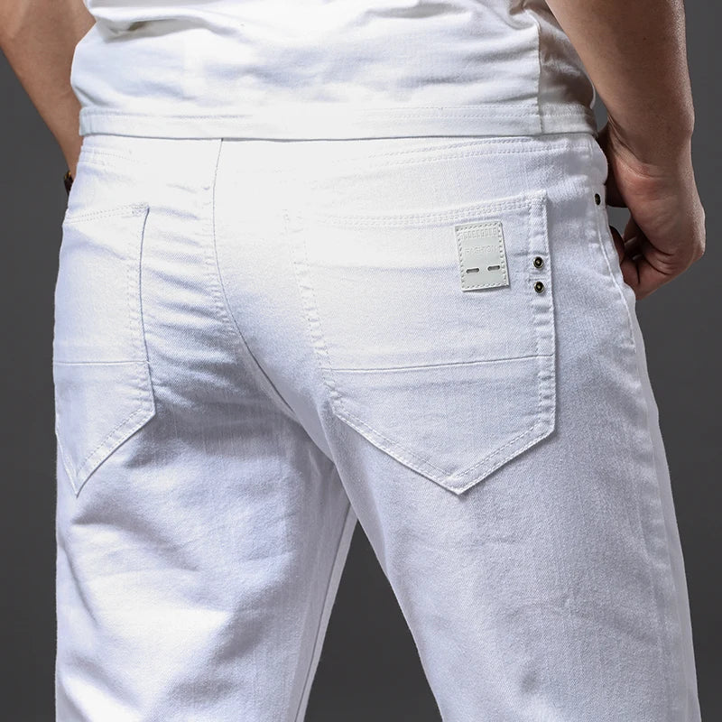 Men's Elastic Slim White Jeans - Korean Fashion Slim Fit Denim Trousers