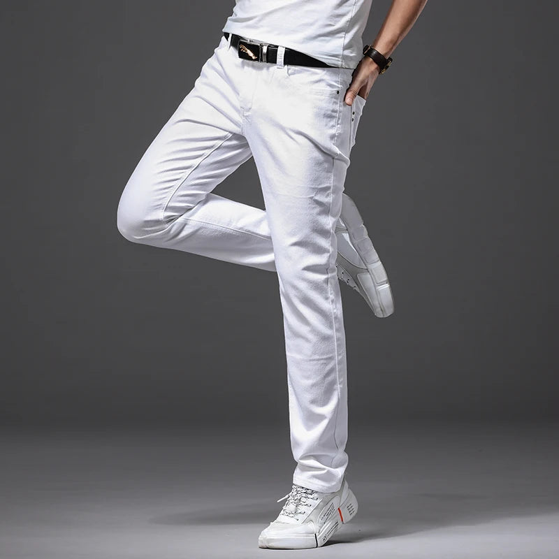 Men's Elastic Slim White Jeans - Korean Fashion Slim Fit Denim Trousers
