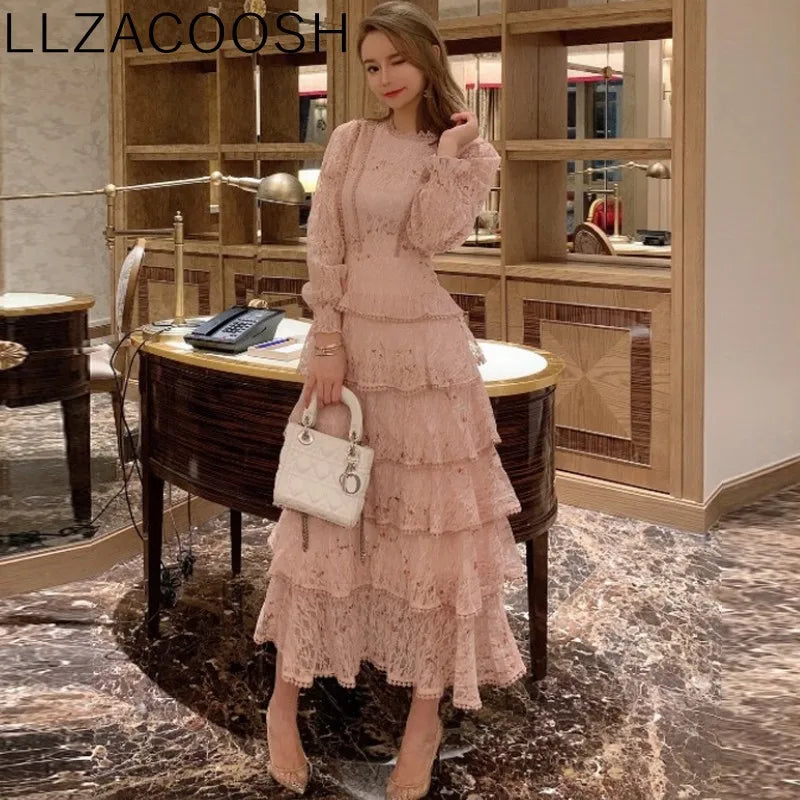 Vintage Lace Embroidery Sweet Ruffles Dress - Elegant Midi Long Party Dress