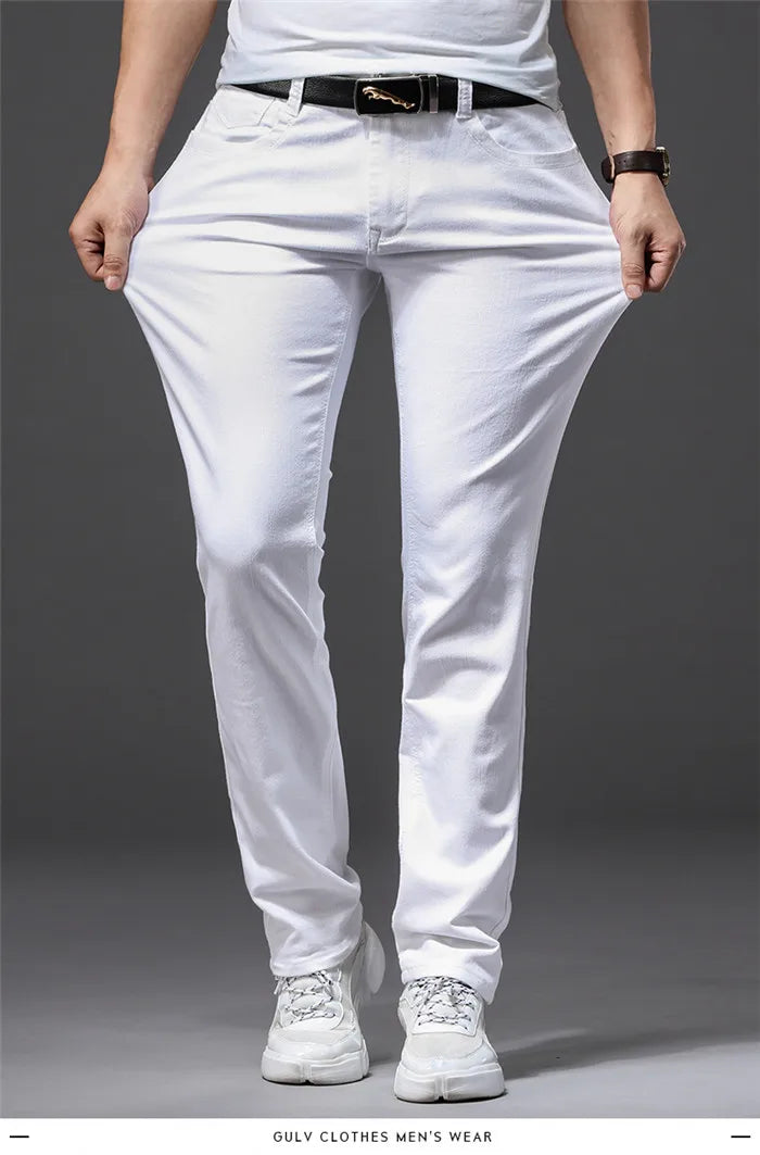 Men's Elastic Slim White Jeans - Korean Fashion Slim Fit Denim Trousers