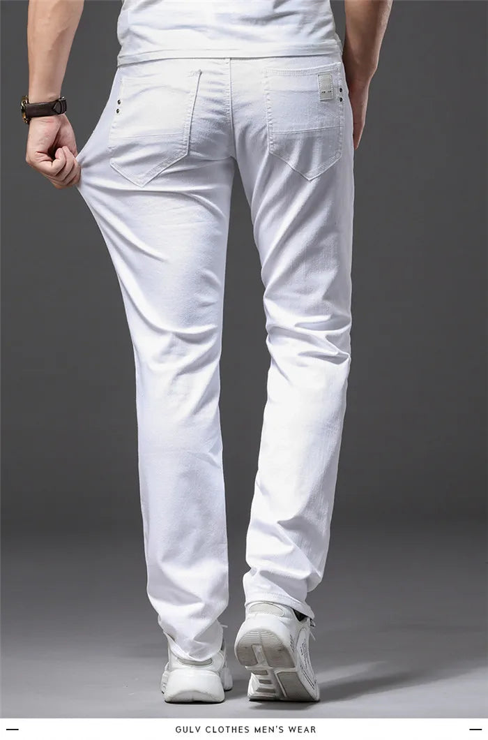 Men's Elastic Slim White Jeans - Korean Fashion Slim Fit Denim Trousers