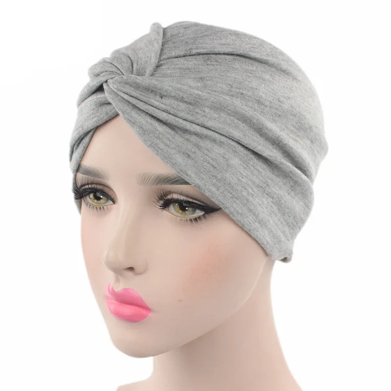 Stretchy Solid Cross Knot Turban Hat - Muslim Women Chemo Cap
