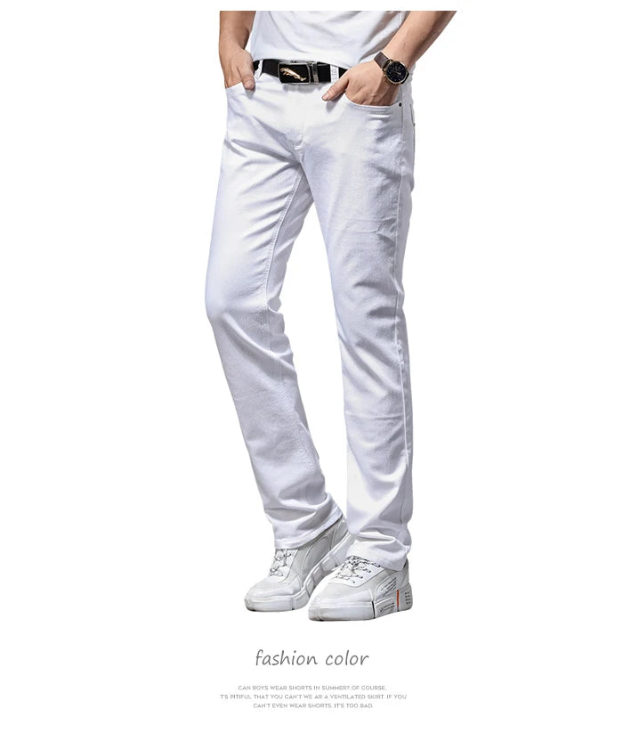 Men's Elastic Slim White Jeans - Korean Fashion Slim Fit Denim Trousers