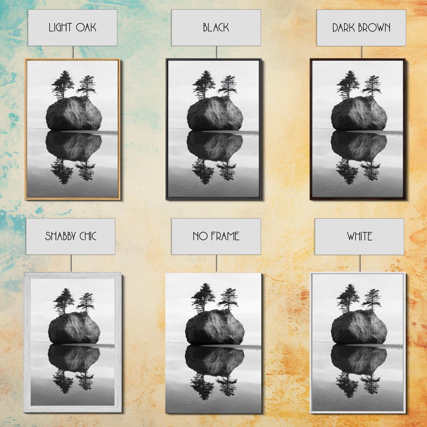 Island Reflection, Twin Trees, Still Water, Minimal Seascape, Zen Decor, Black and White Art