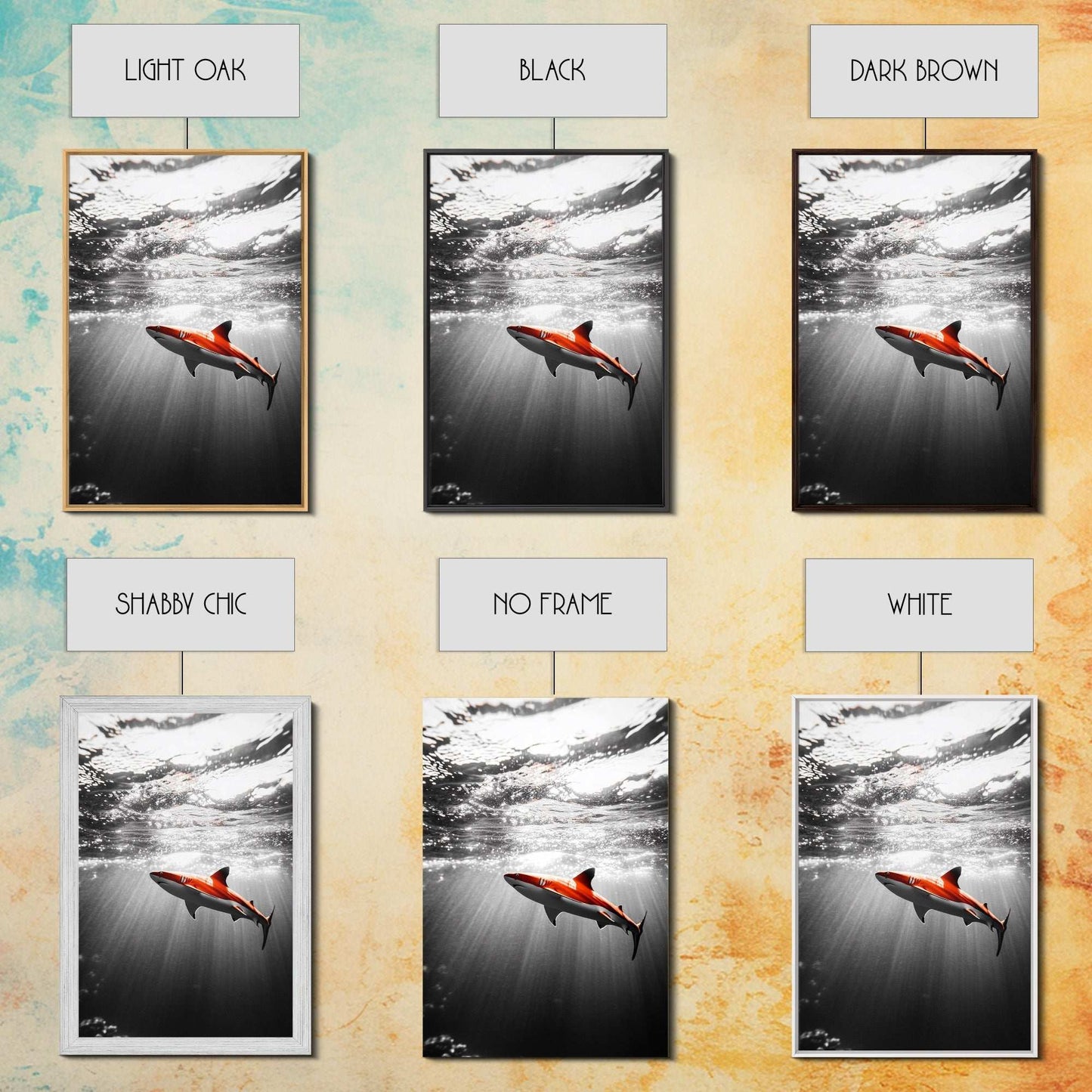 Red Shark, Underwater Scene, Ocean Light Rays, Color Contrast, Canvas Print