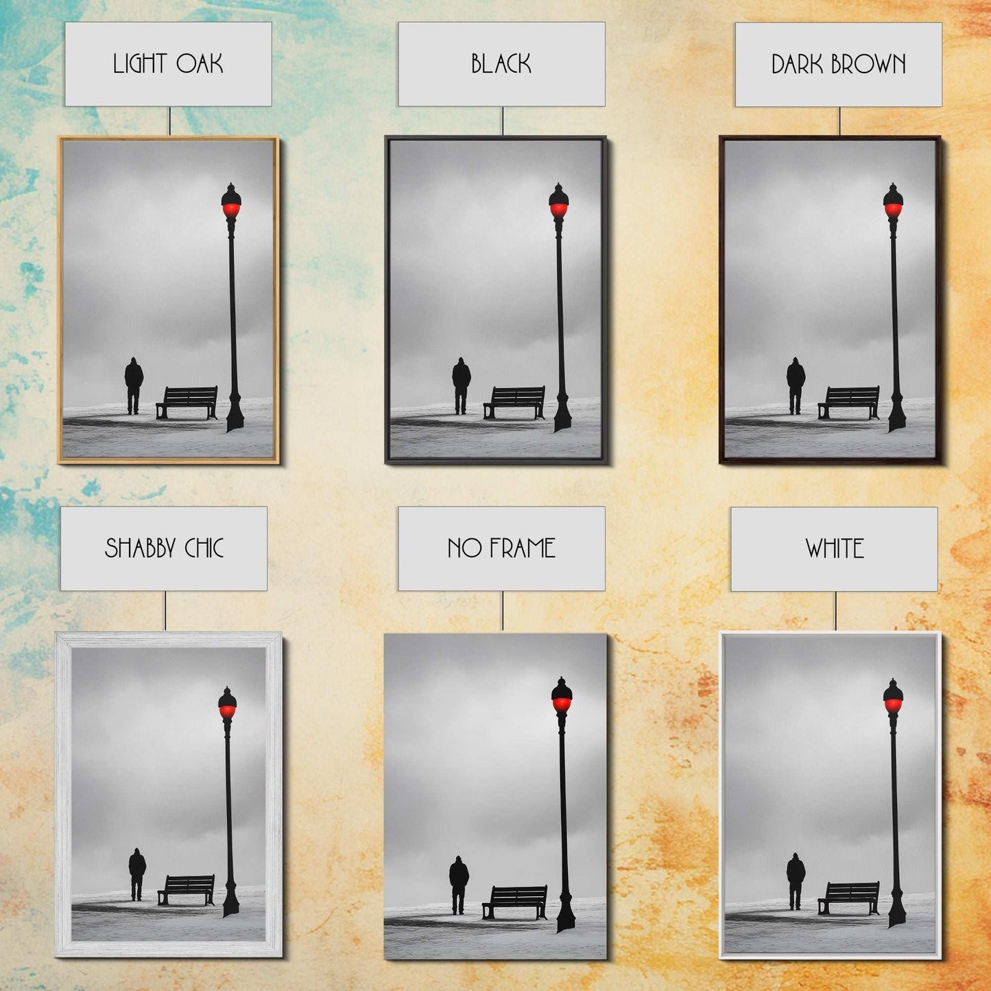 Red Street Lamp, Snowy Walkway, Silhouette Scene, Framed Canvas Print, Moody Wall Art