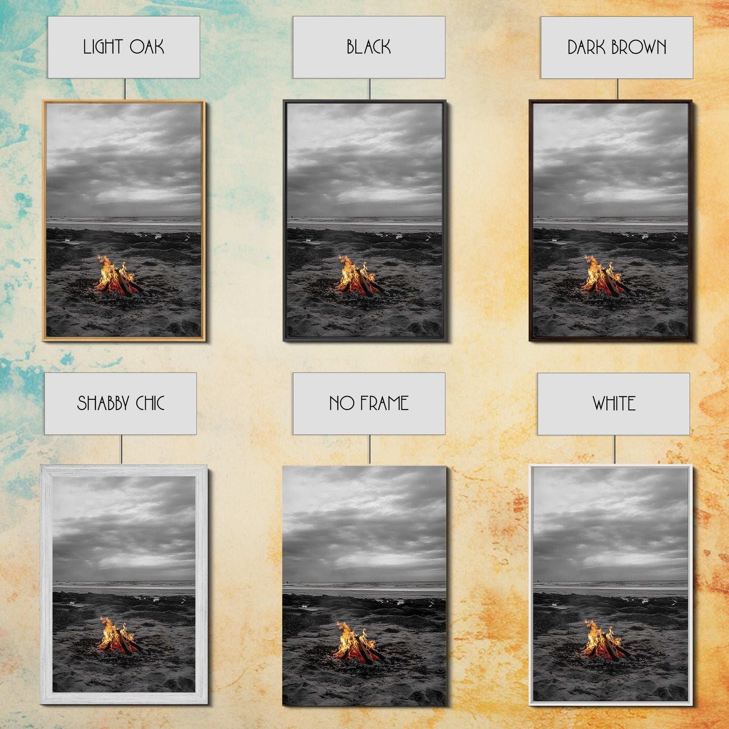 Beach bonfire, coastal art, ocean sunset, nautical decor, seascape painting, cozy fire