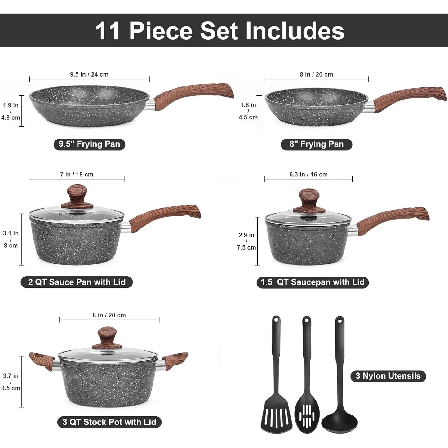 11 PCS Ceramic Pots & Pans Set with Glass Covers, Non-stick Cookware with lids, Pre-installed, Heat resistant