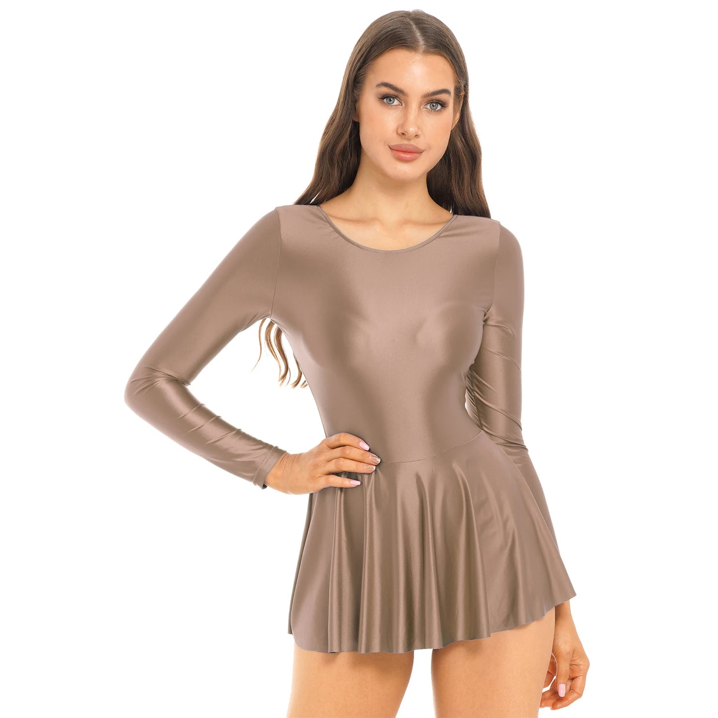 Women's Solid Color Long Sleeve Ruffled Dress - Round Neck