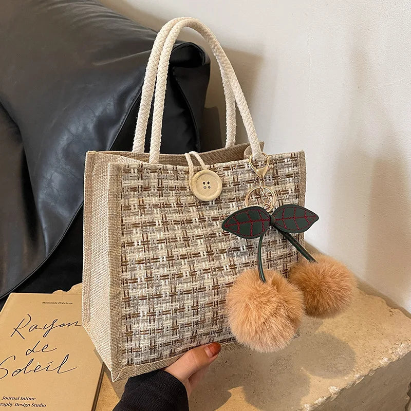 Jute Tote Bag - Woven Linen Handbag for Grocery & Lunch