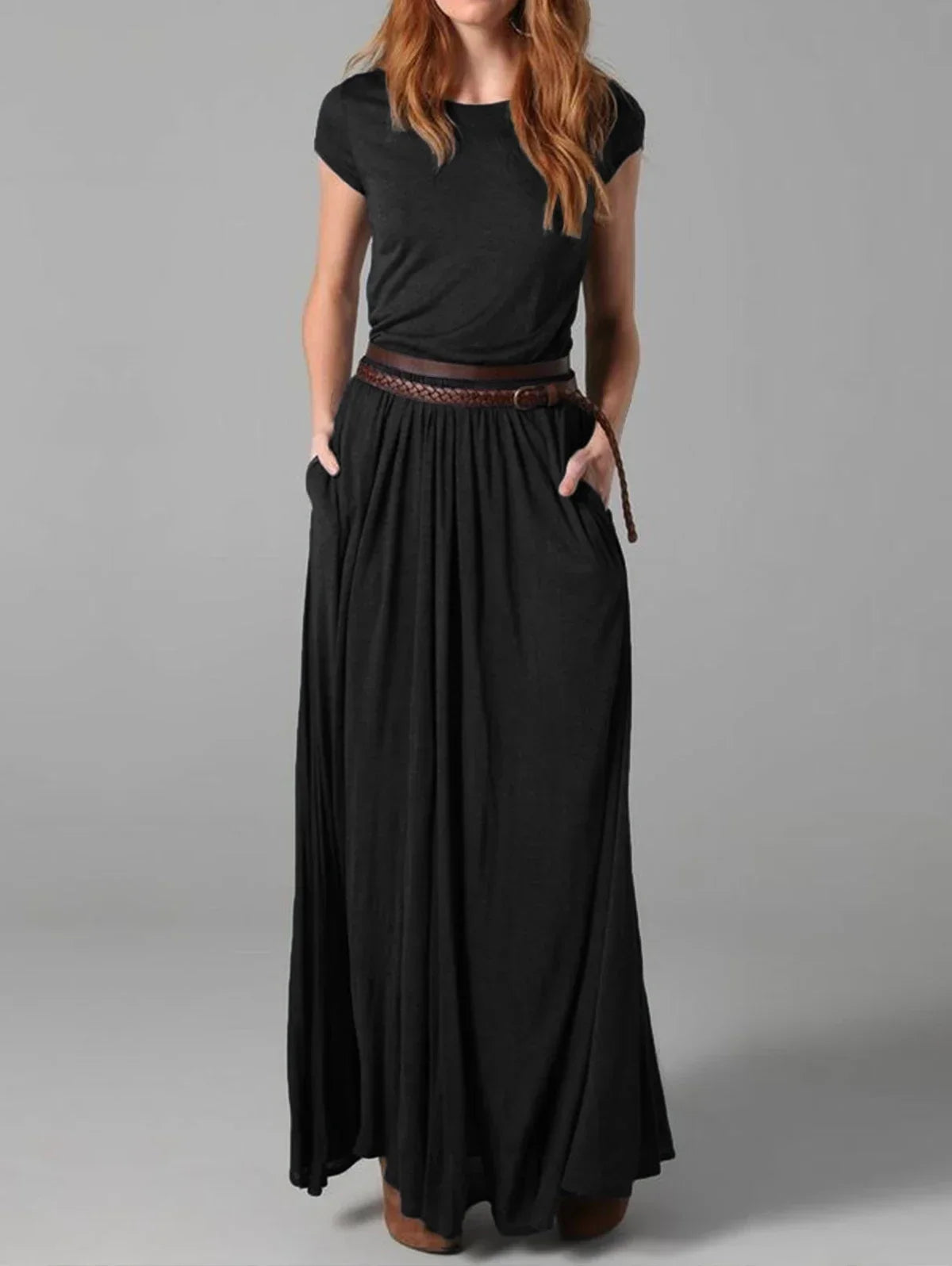 Vintage Black Round Neck Long Dress - Minimalist Casual Summer Dress