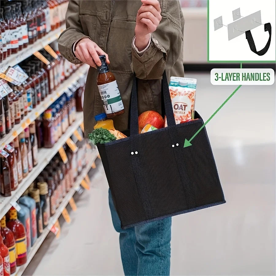 Reusable Grocery Bags - Foldable Shopping Cart Organizer with Hard Bottom