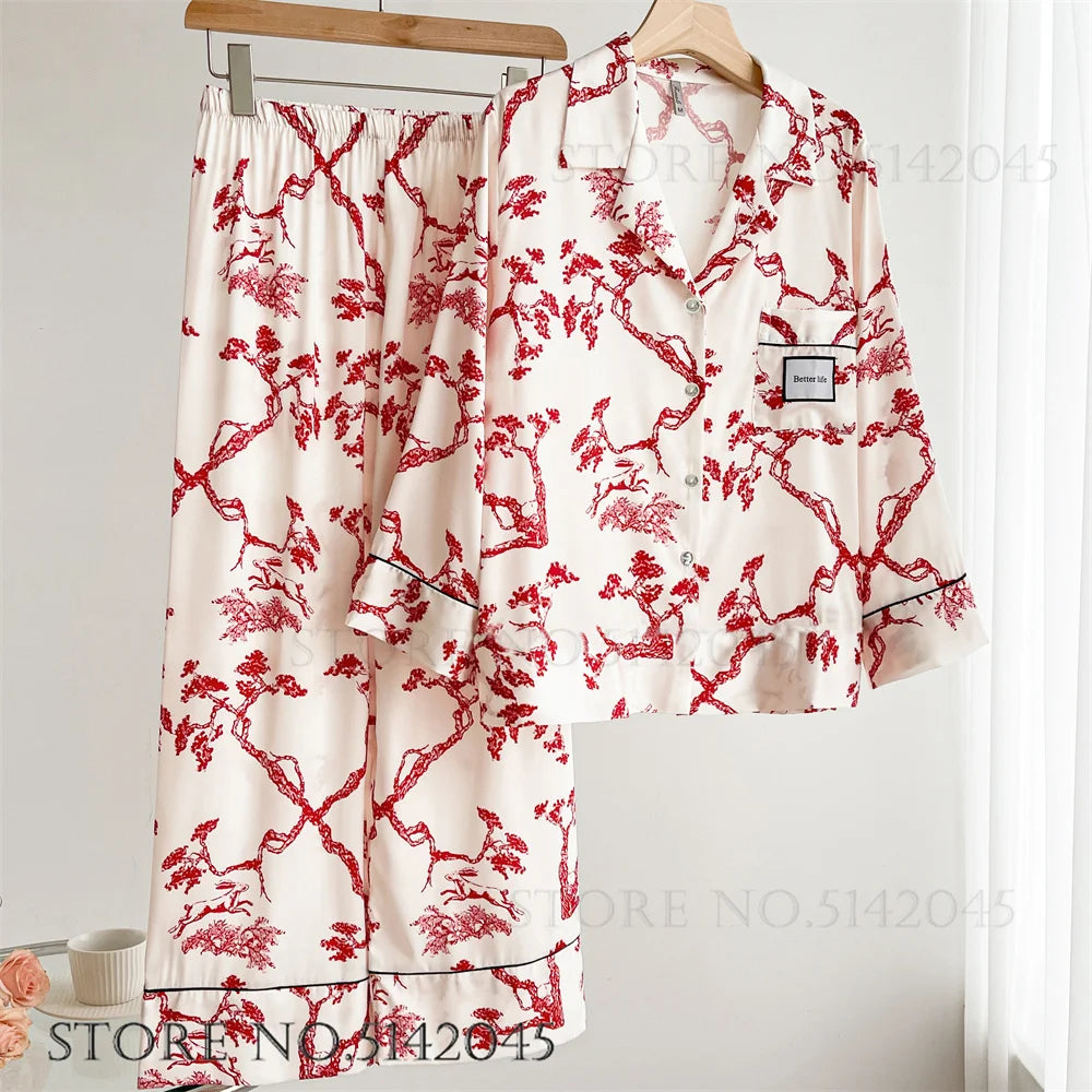 Fashion Print Flower 2PCS Pajamas Set - Women's Spring Summer Lounge Wear