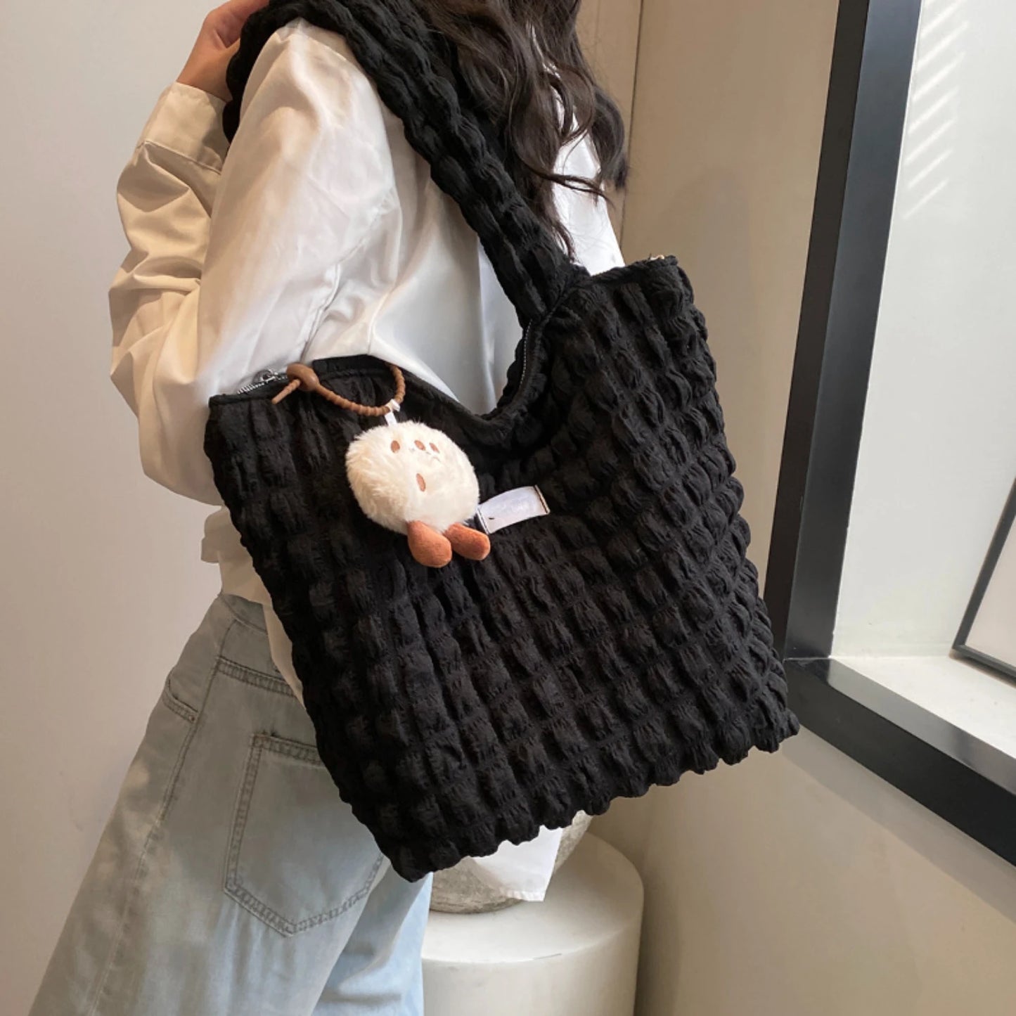 Ruched Tote Bag | Pleated Shoulder Bag | Bubble Handbag - Fashion for Women